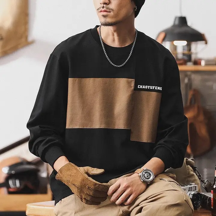 アメリカンレトロ280g長袖Tシャツ メンズ【コットン・春用・カジュアル・ゆったり・カラーコンビネーション】