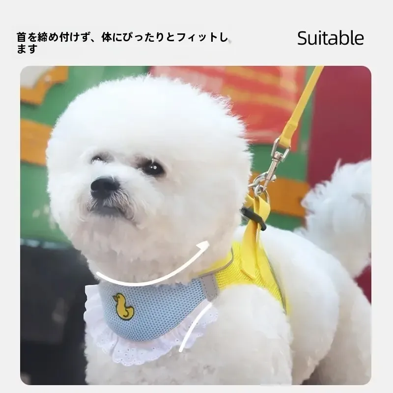 愛犬用引き紐：防脱走・口水キャッチャー付きの胸背タイプデザイン