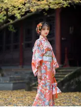 和風レトロ 桜柄 浴衣【ピンクオレンジ・大人用・撮影用】