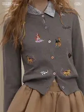 犬刺繍入りニットカーディガン【可愛い短丈デザイン・女性用】