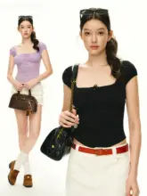 デザイン感あふれるスクエアネック短袖Tシャツ【女性用・夏用・パフスリーブ】