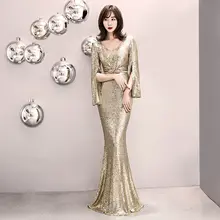 ゴールドのイブニングドレス【ロングスリーブ・エレガント・フィッシュテール】