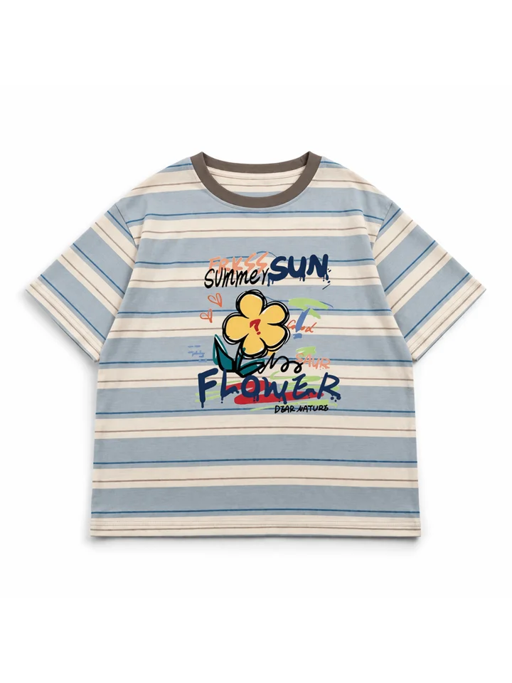 大きいサイズのラウンドネックカラーコンビストライプ短袖Tシャツ【フラワープリント・フィット・夏用】（セットアップ対応）