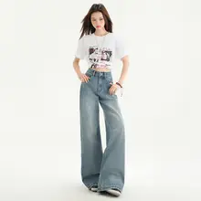 アメリカンビンテージ風のハイウエストワイドレッグデニムパンツ【夏用・涼しさ・したシルエット】