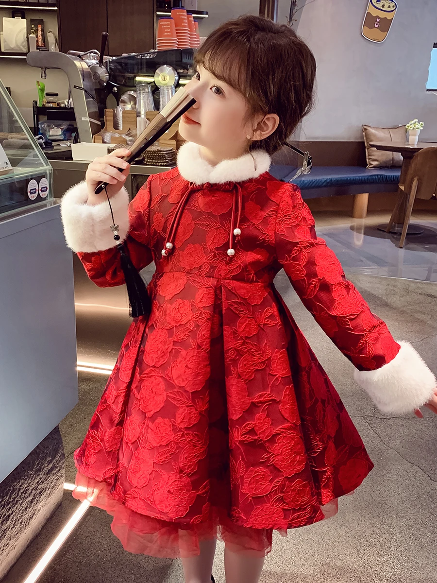 お宮参り 冬 ママ 服装 おすすめ：子供用冬季ワンピース【国風・赤・新年用・プリンセススタイル】