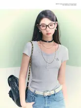 刺繍ロゴボタン半開きクルーネック短袖ニットTシャツ【夏用・タイトフィット】