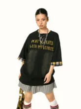 夏用コットン製 水洗い風合いのチェック柄刺繍Tシャツ【ノスタルジックデザイン・ショートスリーブ】