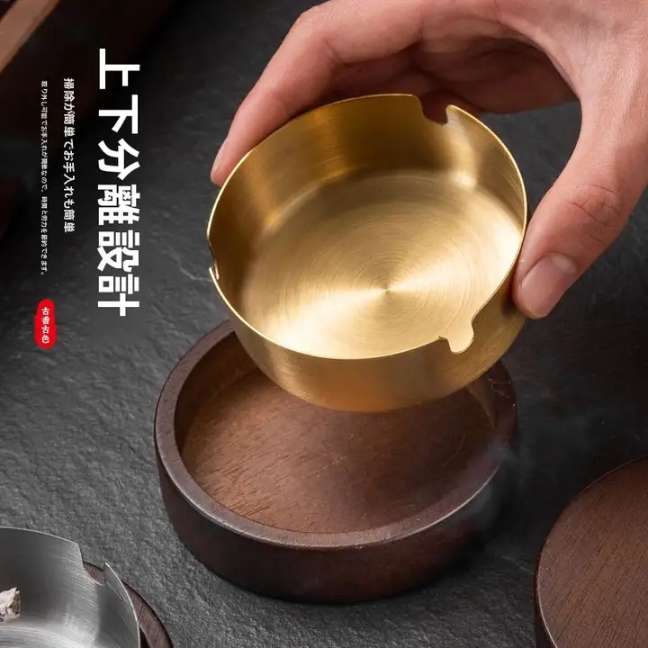 木製蓋付き灰皿【防飛散・高級ステンレス・オフィスやリビングに最適】