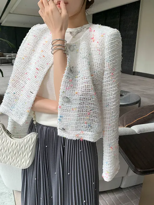 格子柄の透かし編みツイード風ショートコート【編み柄・長袖・春用】