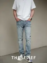 メンズ ヴィンテージ風ウォッシュ加工デニムパンツ【レギュラーフィット・スト レートシルエット・ダメージデザイン】