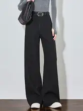 高身長向けウールパンツ【高腰・ストレート・黒・カジュアルデザイン】