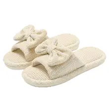 リボンデザインの全麻製ルームスリッパ【通気性・防臭・女性用】