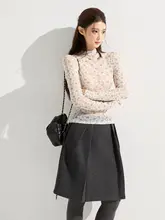 高襟フラワープリント透け感ありタイトフィット長袖Tシャツ【春季・レトロデザイン・インナー対応】