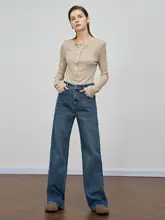 加熱付きワイドレッグデニムパンツ【女性用・高腰・スリム・秋冬用・ストレートデザイン】