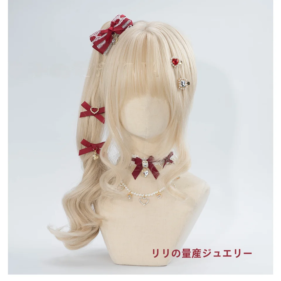 手作りリボンハートチャーム付きヘアクリップ【可 愛いロリータ風・ツインテール用・極上の柔らかさ】（セットアップ対応）