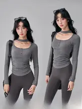 胸パッド付き ヨガTシャツ【女性用・スリムフィット・長袖・ネックホルダー・秋冬用】