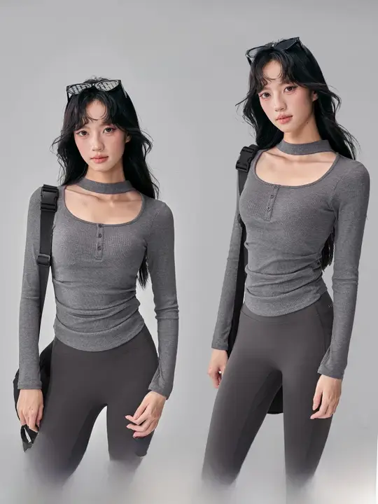 胸パッド付き ヨガTシャツ【女性用・スリムフィット・長袖・ネックホルダー・秋冬用】