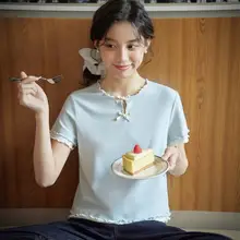 バタフライリボン付き カラーブロックデザインのラウンドネックTシャツ【木の葉型フリル・短袖】