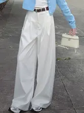 高身長向け 白色プリーツワイドレッグデニムパンツ【ハイウエスト・フィット・ストレート】（セットアップ対応）