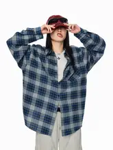 春季用 レディース カジュアルブルー格子柄シャツ【長袖・ゆったりデザイン】