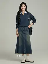 レトロなデザインのハイウエストAラインデニムスカート【ブルー・フリンジ付き・ロング丈】