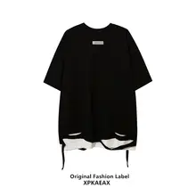 デザイン性のある切り替え風Tシャツ【夏用・ヒップホップスタイル・ショートスリーブ・チェーン付き】（セットアップ対応）