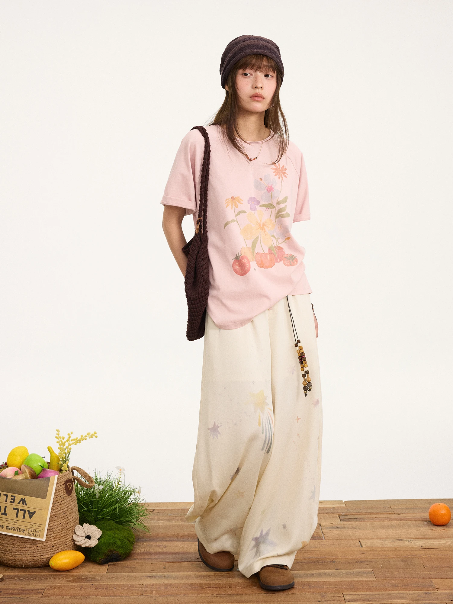 植物モチーフのコットンTシャツ【クラシックラウンドネック・二重層・ドルマンスリーブ・レディース】