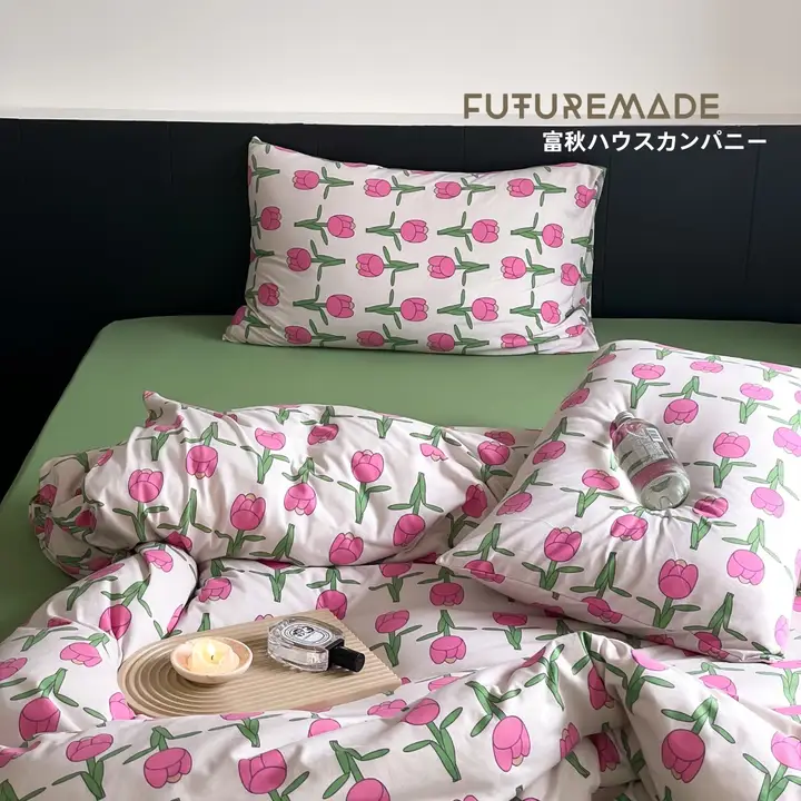 幾何模様のローズデザイン全棉ニット生地寝具【春秋用・柔らかい肌触り・四点セット（セットアップ対応）】