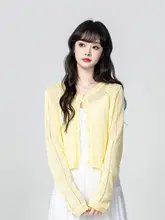 黄色のラウンドネックニットカーディガン【春夏用・薄手・レースデザイン・ショート丈】