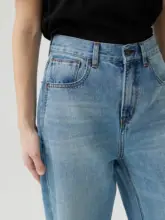 LRRE 洗い加工高腰ストレートデニムパンツ【レディース・ゆったり・カジュアル・スリム効果】