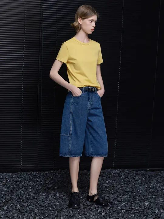 青いデニムショートパンツ【フィット・カジュアル・ゆったりとしたデザイン】（セットアップ対応）