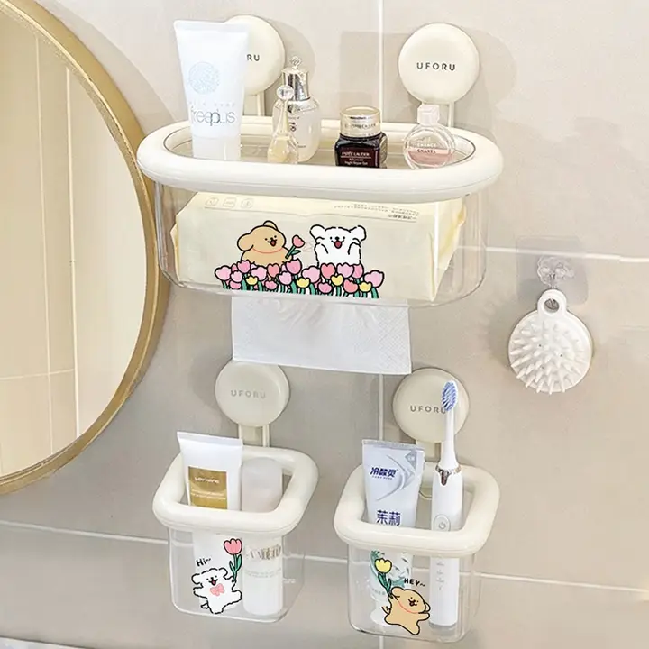 フラワーデザインの犬型吸盤式トイレットペーパーケース【壁掛け収納・ウェットティッシュ・洗顔タオル用】