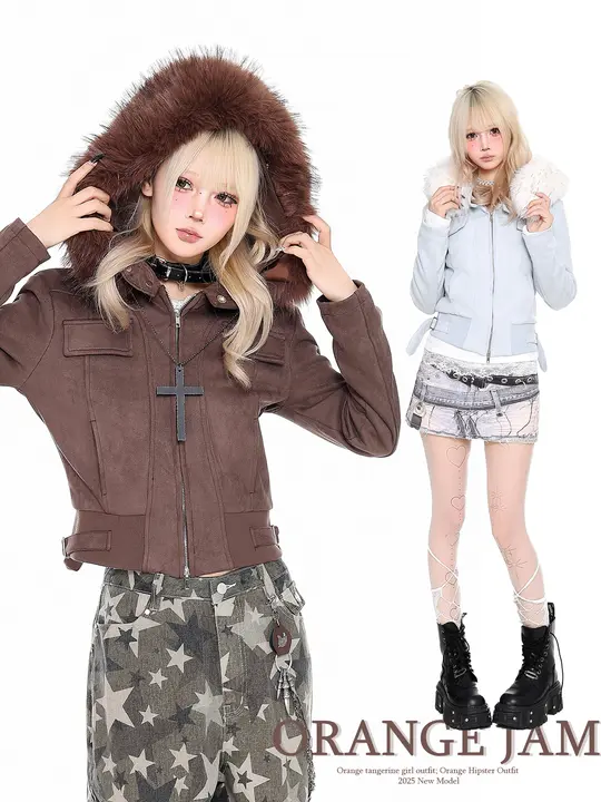 レトロスタイル！フェイクスエード毛皮襟のショートダブルジップジャケット【女性用・スリムフィット・秋冬用】