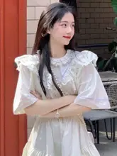 プリンセス風 レース刺繍ワンピース【レトロ・ホワイトフラワー・ウエスト調整】