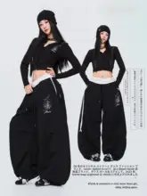 ダンス用ローズ模様ジャズスタイル長袖トップスとハイウェストパンツ（セットアップ対応）