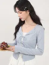 グレーのフェイク2ピースTシャツ【レース細身・リボン付き・長袖】
（セットアップ対応）