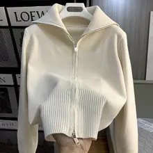 ストライプニットカーディガン【秋冬用・デザイン衿・ダブルジッパー・レディース】