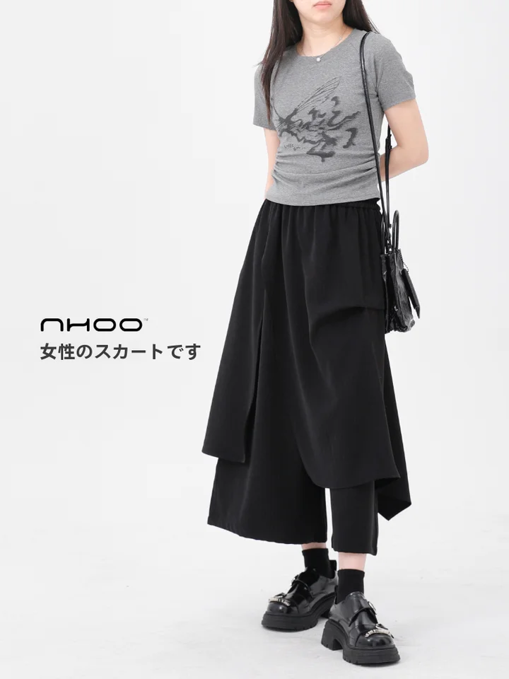 デザイン性のあるレイヤード風スカートパンツ【春夏向け・暗黒スタイル】（セットアップ対応）