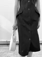 ストライプデザインのガウン風ベストドレス【中長丈・女性用・襟付き】