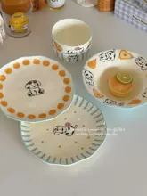 かわいい犬のデザインの陶磁器食器セット【青白いカラースキーム・家庭用・ご飯碗・浅皿・スープ皿】（セットアップ対応）