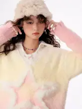 ziziFei 秋冬用 アメリカンビンテージスタイル ニットセーター【ピンク＆イエロー グラデーション・Vネック・星柄】