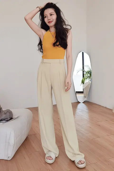 猫境 高腰ダブルプリーツワイドパンツ【淡いミルクイエロー・ハイウエスト・フィット】