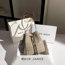 バケットバッグ レディース ウール チェック柄 巾着 斜め掛け ショルダー フェミニン おしゃれ 「MackJanice」