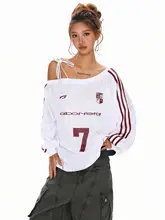 アメリカンビンテージスタイルのオフショルダーロングスリーブTシャツ【アルファベットプリント・快適なルーズフィット】