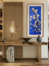 手描きの杏花オイルペインティング【新中式・クラインブルー・玄関用掛け画】