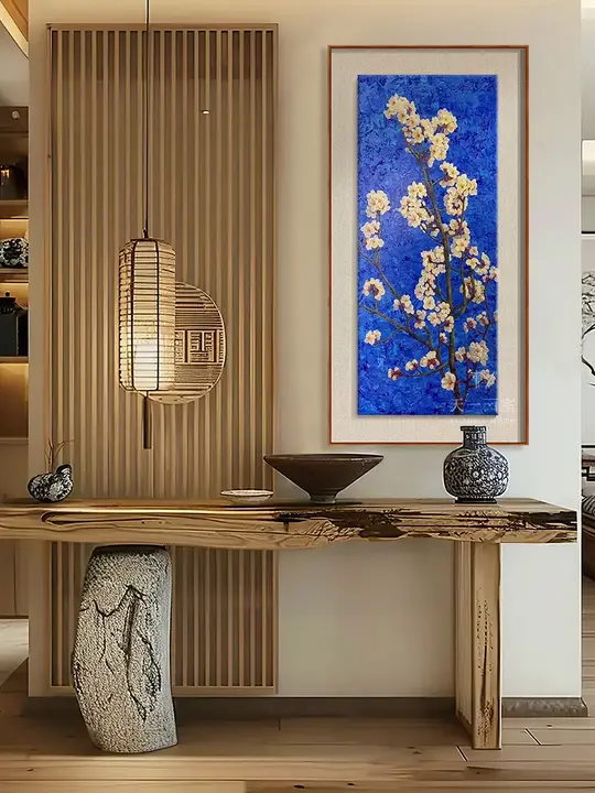 手描きの杏花オイルペインティング【新中式・クラインブルー・玄関用掛け画】