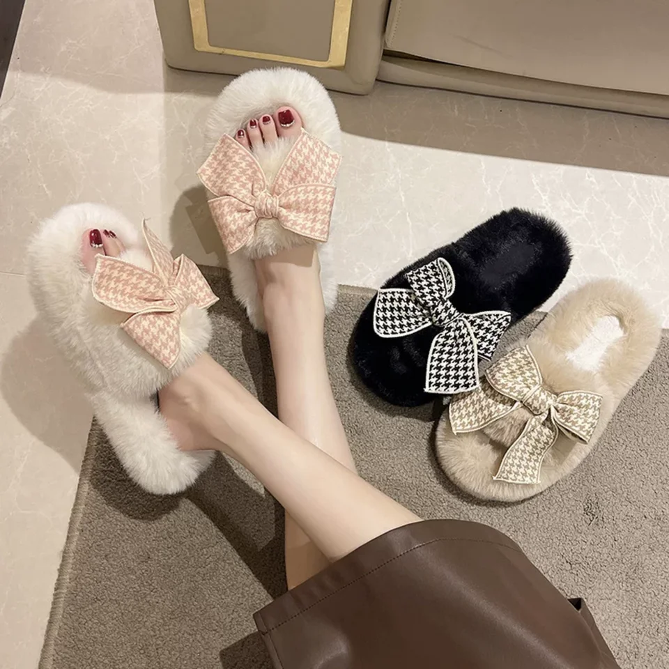 暖かいバタフライリボン付きファーモカシン【女性用・防滑・厚底・外出用】