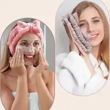 リボン付きフェイスマスク用ヘアバンドセット【防吸水・手首カバー付き・ふわふわ素材】
