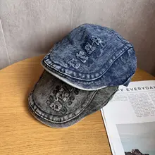ウォッシュデニムベレー帽【レトロデザイン・刺繍ロゴ・穴あき】