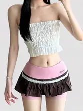 ピンクのカラーコンビネーション使用の低腰スカートパンツ【セクシーでキュートなデザイン・ショート丈】（セットアップ対応）